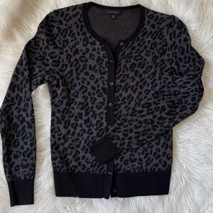 Ann Taylor Gray and Brown Leopard Print Button Cardigan